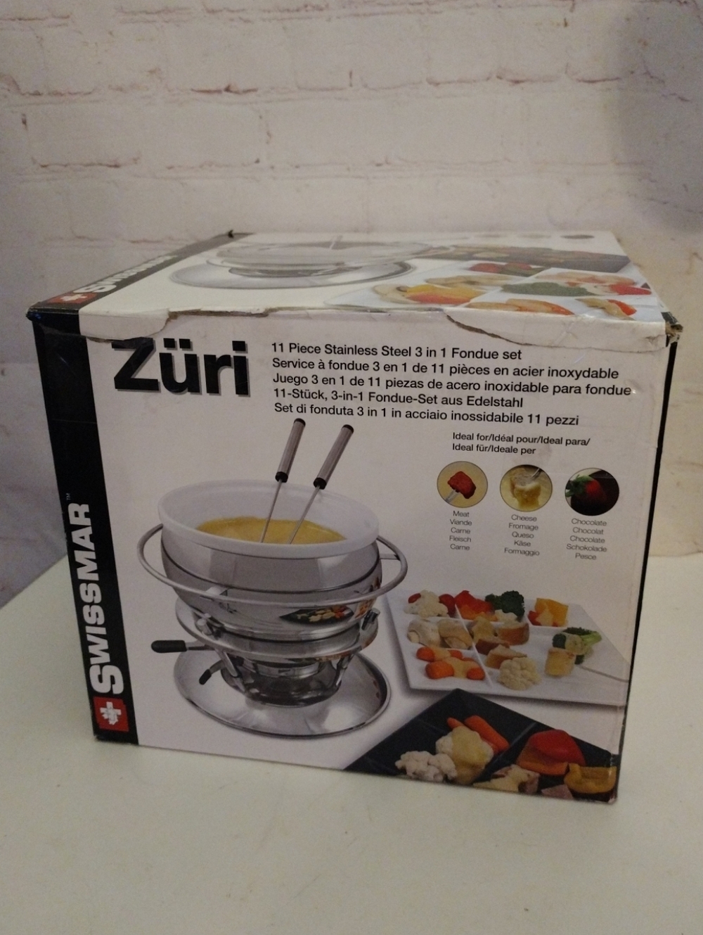 New SWISSMAR Züri  3 In 1 Fondue Set 11 Piece Cheese Dipping Chocolate Dip Meat